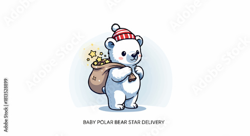 A cute baby polar bear wearing a striped hat carries a sack filled with glowing gold stars, ready for delivery.