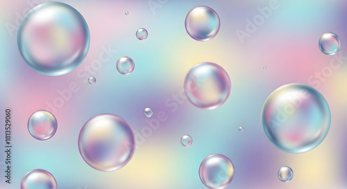 Iridescent soap bubbles floating on a soft pastel gradient background