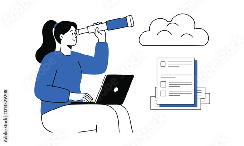 Excited businesswoman with laptop looking forward using telescope, envisioning future achievements and strategic planning in modern office space
