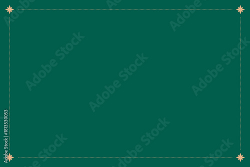 Vintage Christmas frame. Green holiday border with golden star and ribbon decoration. Rectangle elegant green Christmas frame with empty textbox. Minimalist invitation background. Vector illustration.