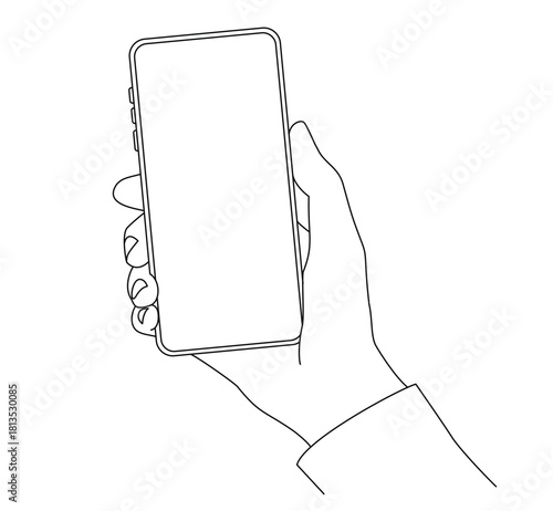 Drawing lines art of a hand holding a smartphone with a blank screen. Minimal outline illustration for mobile, app mockup, technology, communication, and digital concepts.