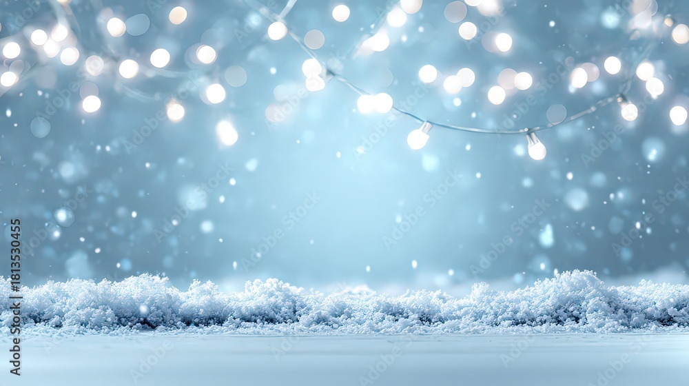 Fototapeta premium Winter Wonderland Scene with String Lights and Falling Snow