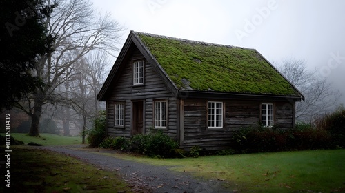 Wallpaper Mural Historic rustic log cabin with a green mossy gabled roof on a misty morning Torontodigital.ca