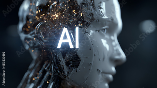 A futuristic AI sculpture with illuminated letters showcasing the advance in artificial intelligence technology.