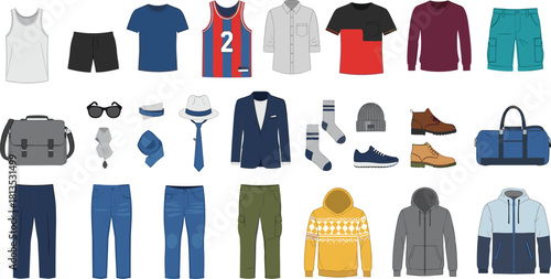 Men’s fashion, clothing items, accessories, hoodie, jeans, blazer, sneakers, sunglasses, casual wear, formal style, wardrobe, flat vector illustration