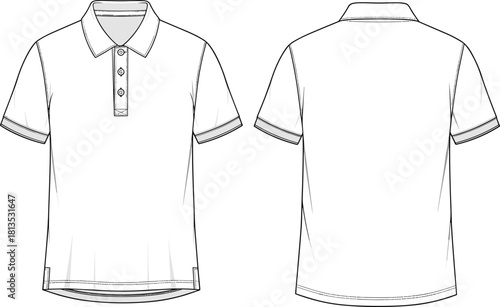 Polo shirt sketch, technical drawing, front view, back view, collar detail, button placket, seam lines, fashion flat, flat vector illustrationPolo shirt sketch, technical  flat vector illustration
