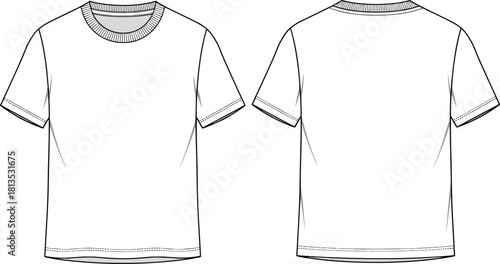Plain t-shirt technical sketch, front back view, round neck tee, ribbed collar, short sleeve, garment design, flat vector illustration