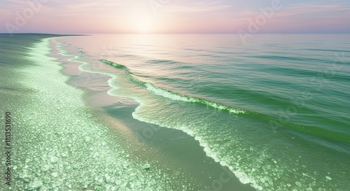 Serene Beach Sunrise with Gentle Waves and Soft Pastel Sky.