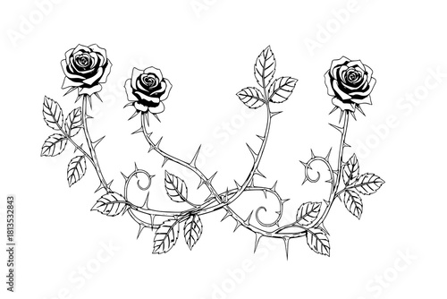 Silver metal rose vines with sharp thorns. Gothic prickly vine elements isolated
