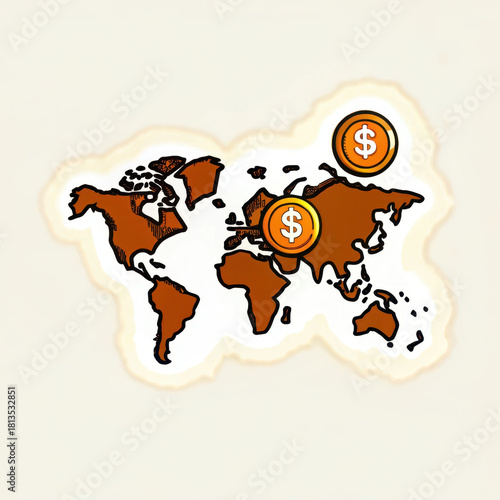 World map illustration featuring currency symbols representing global finance and security in economic transactions