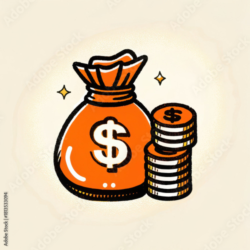 Vibrant illustration of money bag filled with cash alongside stacks of coins symbolizes investment opportunities stock market