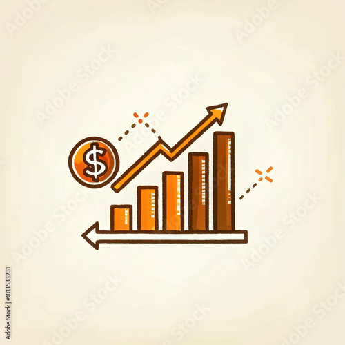Investment in stock market shows growth through rising graph with dollar signs symbolizing financial success and progress