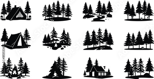Black silhouette collection of forest scenes with camping elements and wildlife trees