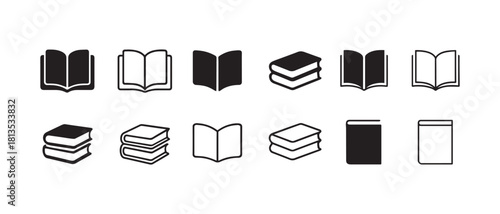 Minimalist Book Icons Set: Open Books and Stacked Closed Books, Education, Library, and Reading Symbols in Black and Outline