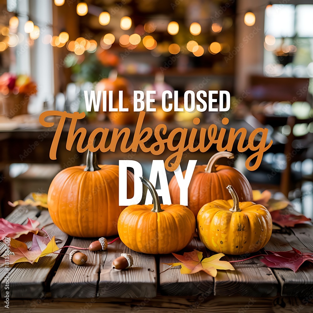 Obraz premium Thanksgiving day holiday closure announcement with pumpkins and autumn leaves on a rustic wooden table