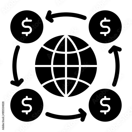 Currency exchange globe solid icon illustration