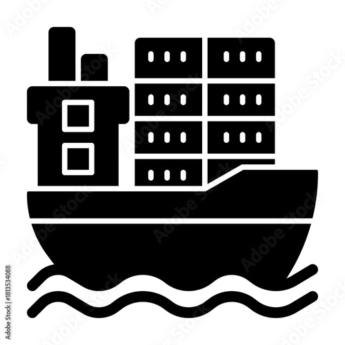 Cargo ship at sea  solid icon illustration