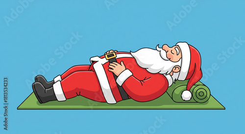 Santa Claus relaxing on a yoga mat, enjoying a moment of peace and quiet after a busy Christmas season