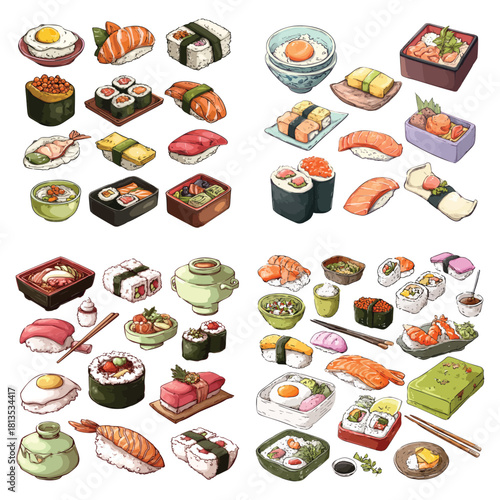 illustration Set of cartoon-style sushi, sashimi, maki rolls, tamago, and bento items