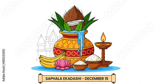 Celebrate Saphala Ekadashi with vibrant traditional Hindu offerings, a time for spiritual reflection and joyous celebration of faith, find peace and blessings on December 15th