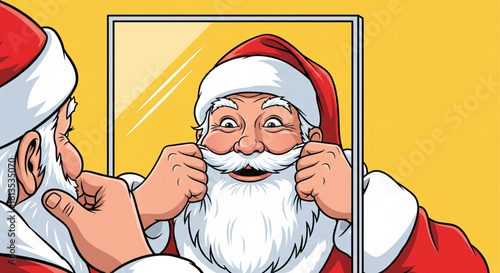 Santa Claus Admiring His Beard in a Mirror A Festive Holiday Illustration