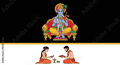 Experience divine blessings with Krishna, a vibrant illustration perfect for cultural events, religious celebrations, and spiritual designs that evoke tradition and peace