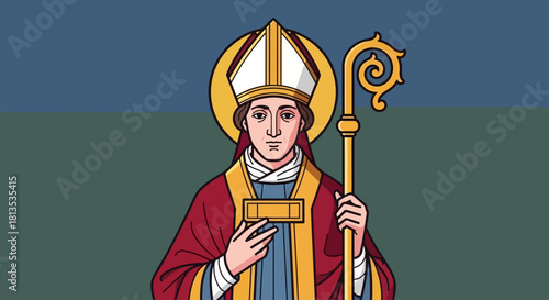 Saint Nicholas illustration with halo and crosier, perfect for religious education materials, holiday cards, or community event posters honoring faith and tradition