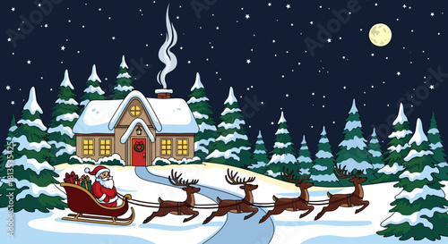 Feel the magic of Christmas with Santa's sleigh gliding through a snowy winter wonderland, delivering joy under the starry night sky with reindeer leading to a cozy snow covered house