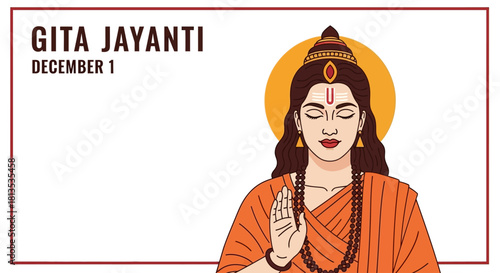 Celebrate Gita Jayanti on December 1 with this serene and inspiring illustration, perfect for spiritual content, educational resources, and cultural events, radiating peace and devotion