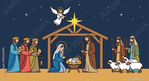 Celebrate the joy of Christmas with this festive nativity scene featuring Mary, Joseph, baby Jesus, the three wise men, shepherds, sheep, an angel, and the iconic Star of Bethlehem