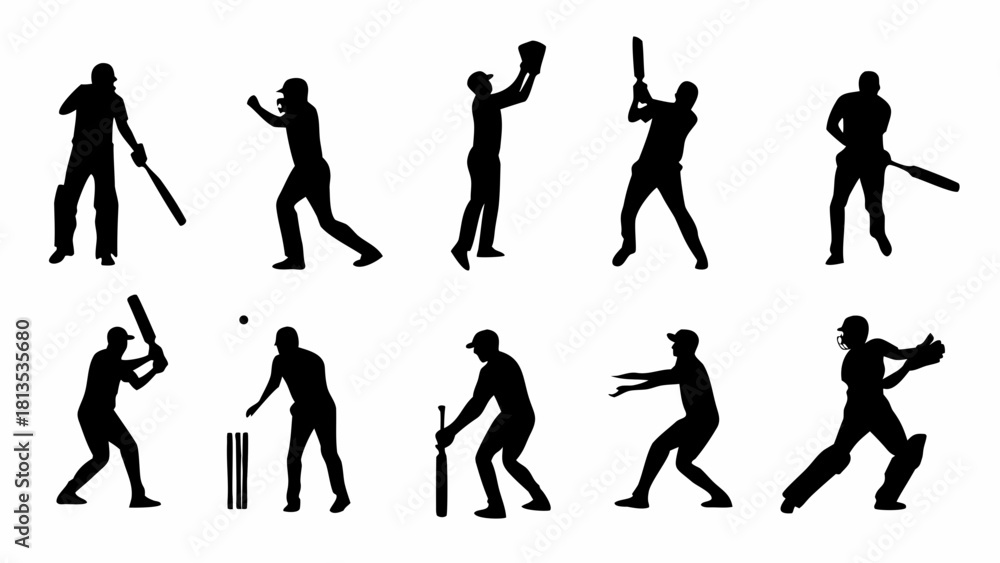 Fototapeta premium Dynamic cricket players silhouettes showcase action and skill, ideal for sports branding, team logos, or event promotions celebrating the spirit of the game