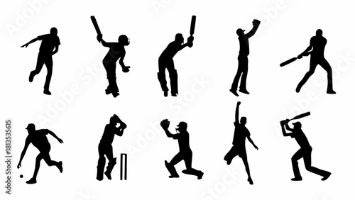 Dynamic cricket players in action silhouettes, showcasing batting, bowling, and fielding skills for sports enthusiasts and team spirit designs, originally vector art