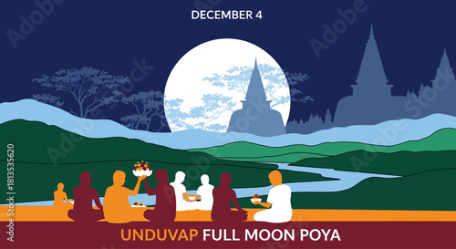 Experience the Serene Beauty of Unduvap Full Moon Poya on December 4th, with Meditating Figures, Peaceful Landscape, and a Glowing Moon, Perfect for Spiritual and Cultural Celebrations