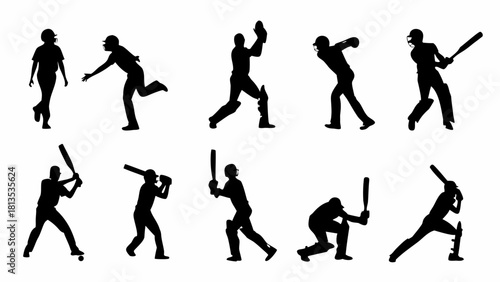 Dynamic cricket players silhouettes showing batting, bowling, fielding, and wicket keeping action poses, perfect for sports marketing materials or website design