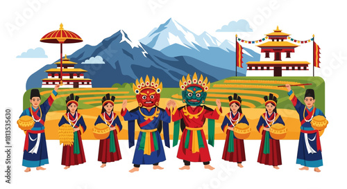 Celebrate vibrant Bhutanese culture with dancers in traditional dress amid stunning mountain scenery, invoking a sense of travel, heritage, and artistic expression