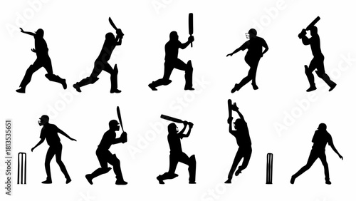 Dynamic cricket players silhouettes showcasing batting and bowling action, ideal for sports designs, team logos, or athletic event promotions, originally a vector graphic