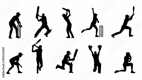 Dynamic cricket players silhouette set; ideal for sports design, team branding, or athletic promotions; captures energy, movement, and competitive spirit