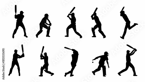Dynamic cricket player silhouettes showcasing batting and bowling action, perfect for sports design, team branding, and athletic event promotions
