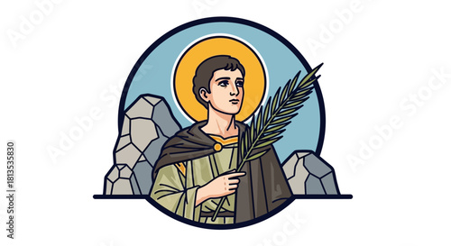 Iconic illustration of Saint Tarcisius holding palm branch with halo, a symbol of faith, strength, and religious devotion, perfect for church publications and educational materials