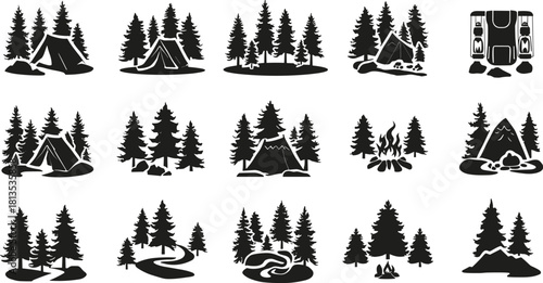 Collection of black silhouette camping scenes with tents trees and campfires forest