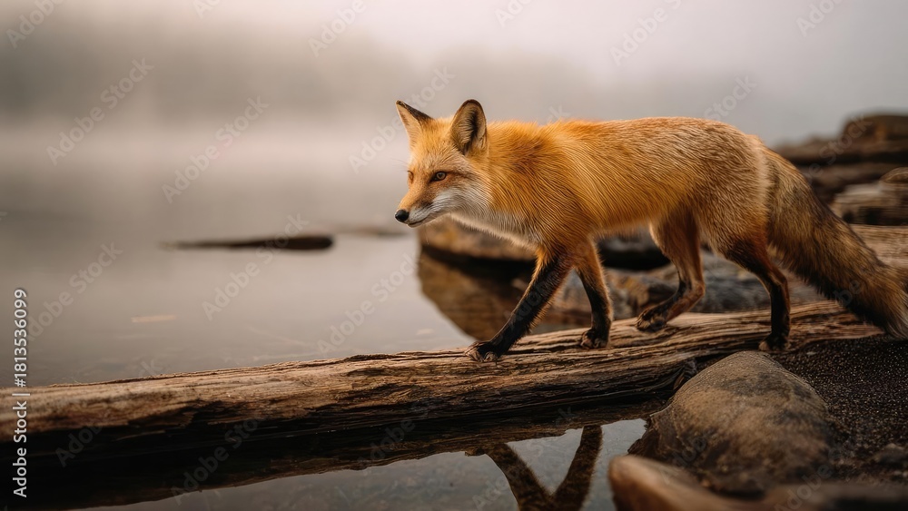 Naklejka premium A red fox walking along a weathered log over a calm lake. Concept Red fox, Weathered log, Calm lake, Wildlife at water's edge, Tranquil nature scene