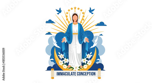 Celebrate the Immaculate Conception with this serene illustration, evoking peace and devotion, perfect for religious education, church bulletins, and spiritual reflection materials