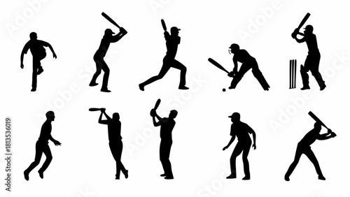 Dynamic cricket silhouettes showcase the sport's action and energy, perfect for sports designs, team logos, or event promotions with an athletic and competitive feel