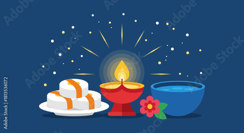 Celebrate the festival of lights with this vibrant Diwali scene featuring a diya, sweets, and traditional elements bringing a sense of peace and cultural richness to your designs