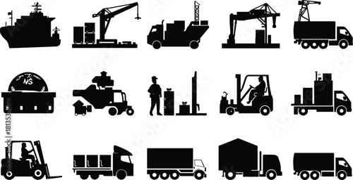 Collection of black silhouette icons depicting cargo ships cranes trucks forklifts and workers