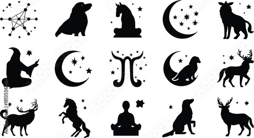 Collection of black silhouette icons featuring animals moons and celestial elements