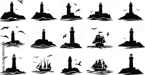Collection of black silhouette lighthouses and sailing ships on rocky islands with seagulls flying