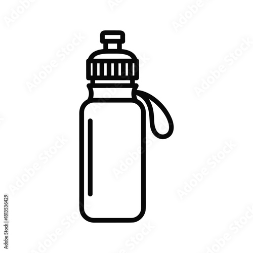 Simple black and white line icon illustration of a reusable sports water bottle with a cap and carrying loop, isolated on