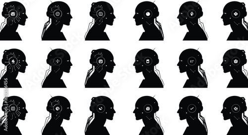 Collection of black silhouette profiles of robotic heads with various digital icons and circuitry details