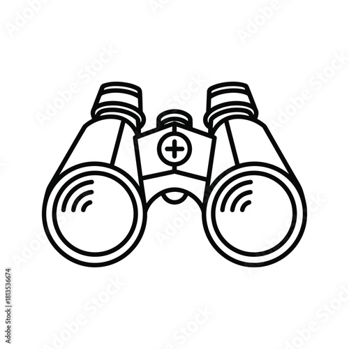 Simple black and white line art icon of a pair of binoculars for viewing distant object isolated on